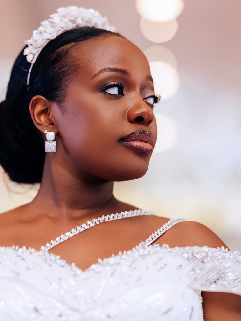 Bridal portrait with tiara and pearl earrings
