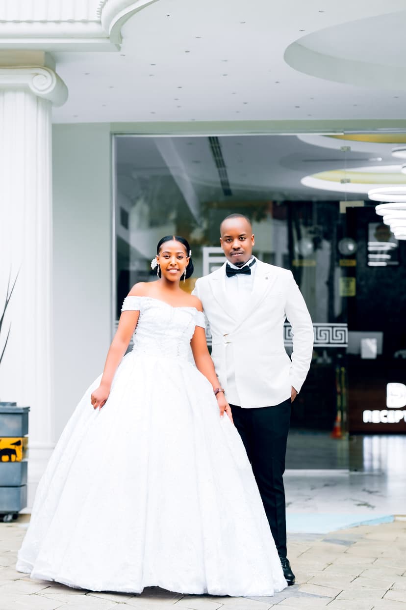 Bride and groom portrait walking together
