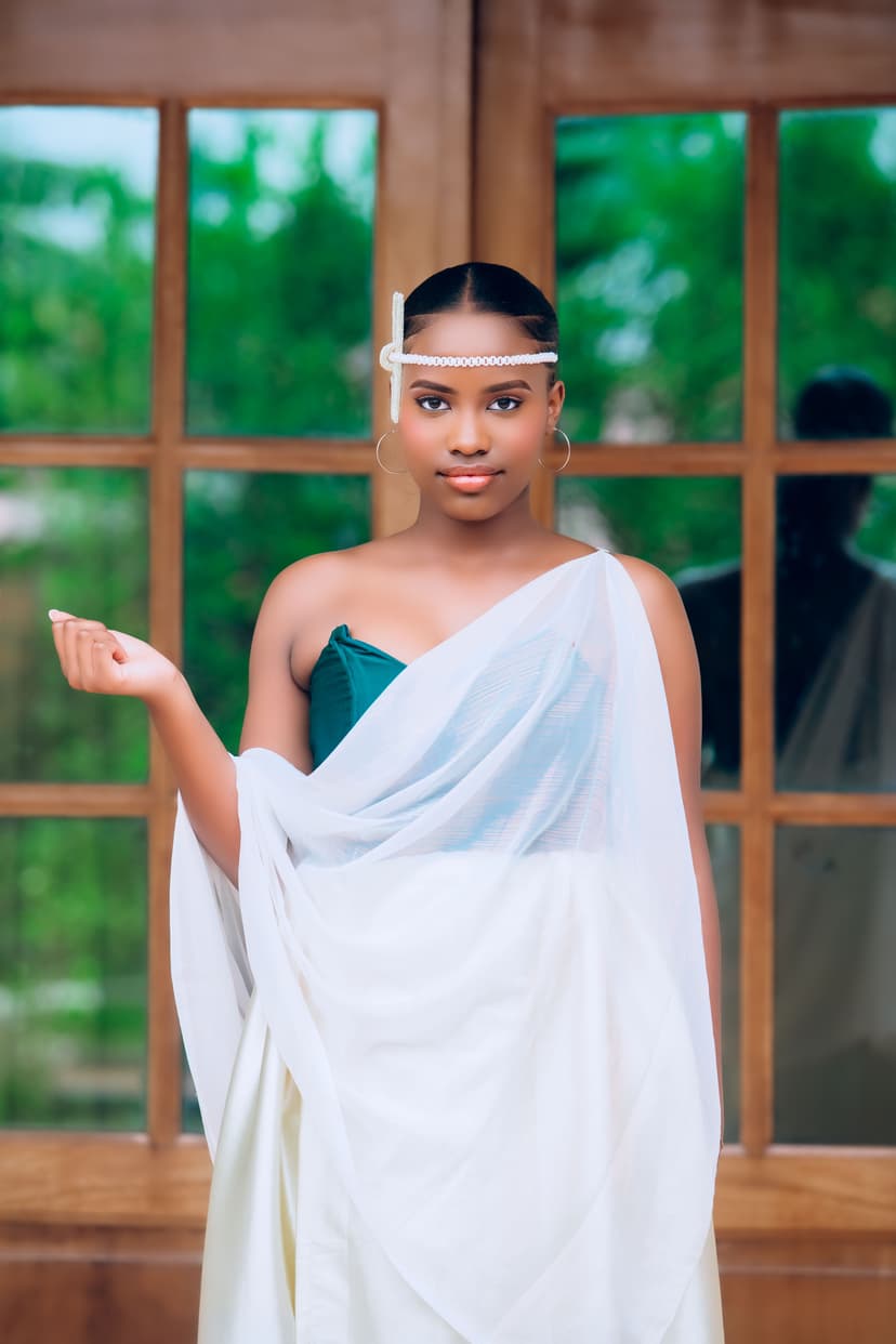 Bride calm frontal pose in white wrap