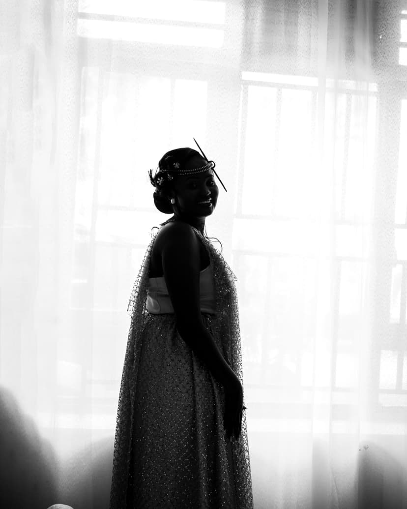 Black and white bride portrait with headpiece